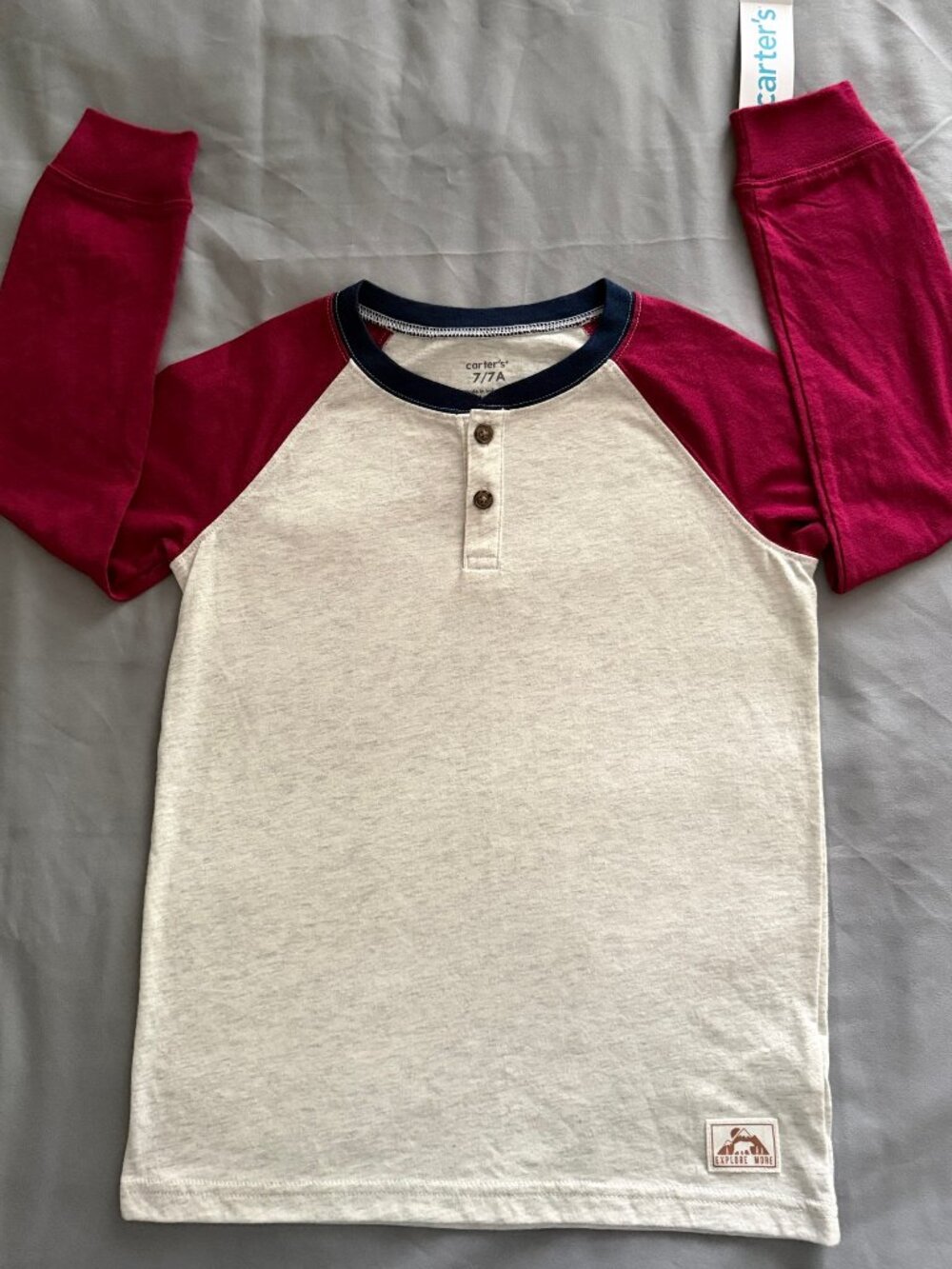 Boys Carter`s Ragalan Henley Shirt in Crem and Burgundy with navy size 7